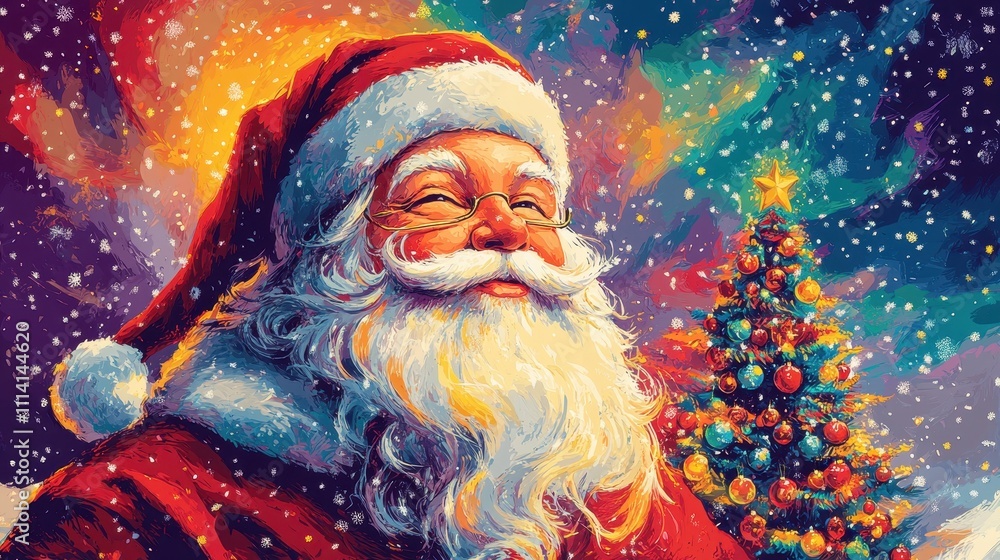A colorful holiday drawing featuring a cheerful Santa Claus, a decorated Christmas tree, and festive gifts during winter celebrations A colorful holiday drawing featuring a cheerful Santa Claus, a decorated Christmas tree, and festive gifts during winter celebrations