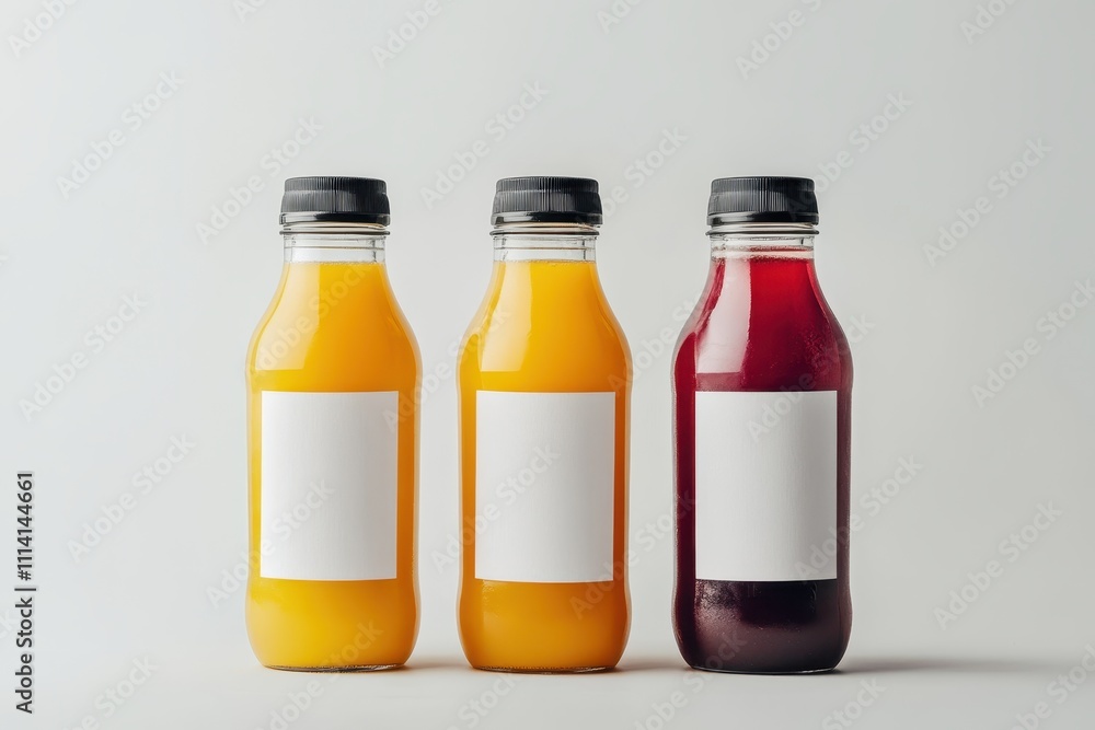 Set of glass bottles filled with different colored juices isolated on a white background Set of glass bottles filled with different colored juices isolated on a white background