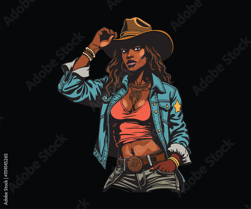 Sexy black urban texas cowgirl illustration.