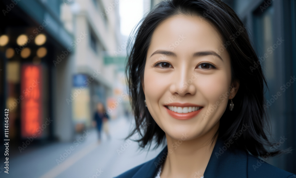 Obraz premium confident woman smiles in urban setting, showcasing her professional demeanor. Her stylish attire and friendly expression convey positivity and approachability