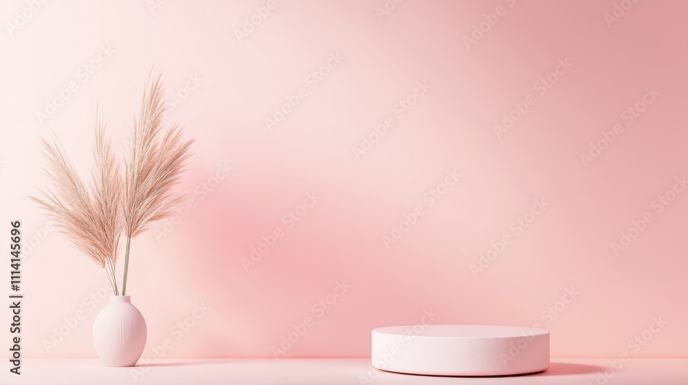 A minimalistic scene featuring a pale pink background, a white circular pedestal, and a vase with soft, feathery pampas grass. A minimalistic scene featuring a pale pink background, a white circular pedestal, and a vase with soft, feathery pampas grass.