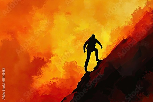 People Never giving up, strength and power. Man feeling determined climbing up a steep mountainside.  photo