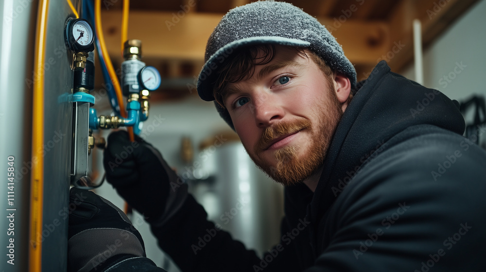 A plumber tightening connections on a modern boiler unit, surrounded by insulated pipes and gauges, in a cozy home during winter A plumber tightening connections on a modern boiler unit, surrounded by insulated pipes and gauges, in a cozy home during winter