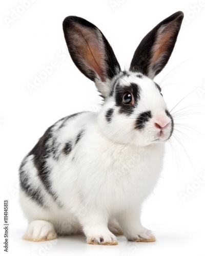 Pretty black and white european rabbit, Looking at camera with blue eyes. Isolated on a white background.