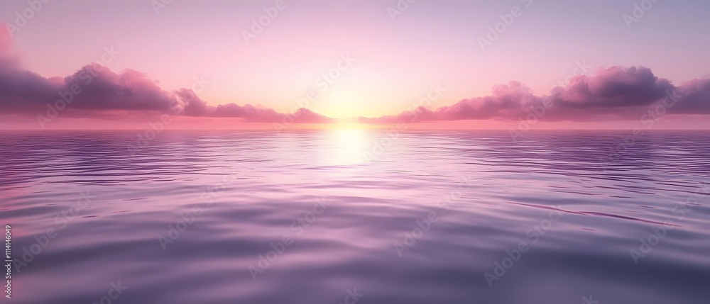 Obraz premium A serene sunrise over a calm ocean, featuring soft pink and purple hues reflecting on the water's surface, creating a tranquil and peaceful atmosphere.