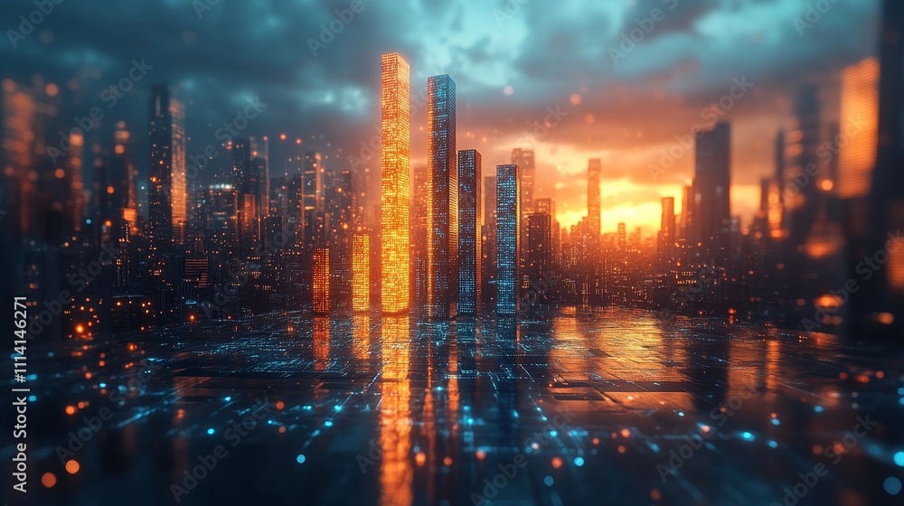 Obraz premium Futuristic Cityscape with Illuminated Skyscrapers at Sunset