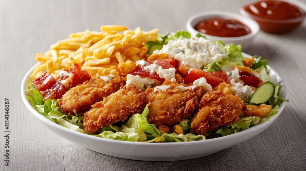 A vibrant salad bowl featuring crispy chicken, fresh greens, tomatoes, and fries, accompanied by dipping sauces. A vibrant salad bowl featuring crispy chicken, fresh greens, tomatoes, and fries, accompanied by dipping sauces.