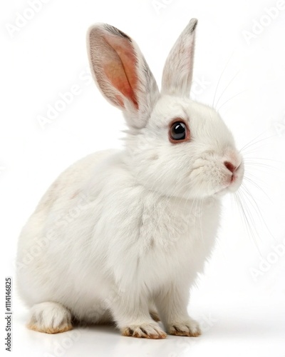 Pretty white european rabbit, Looking at camera with blue eyes. Isolated on a white background.