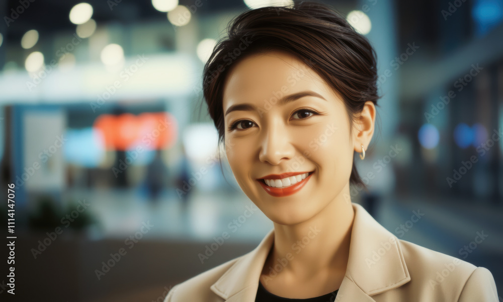 Smiling woman in professional attire, showcasing confidence and warmth in modern office environment. Her bright smile and elegant style create positive atmosphere Smiling woman in professional attire, showcasing confidence and warmth in modern office environment. Her bright smile and elegant style create positive atmosphere