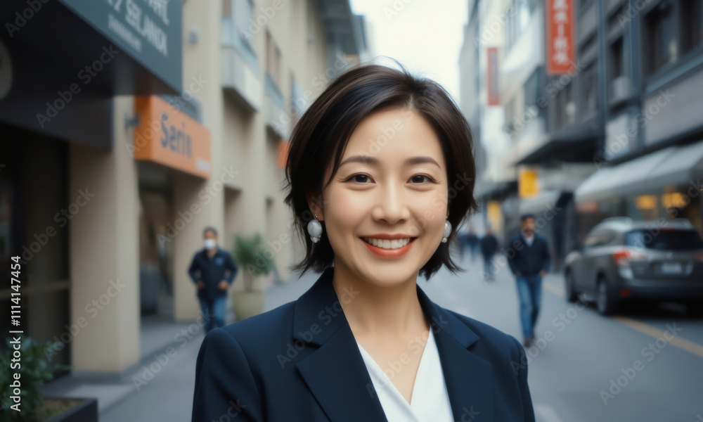 confident woman in business suit smiles in bustling urban street, showcasing professionalism and poise. Her stylish look complements vibrant city atmosphere confident woman in business suit smiles in bustling urban street, showcasing professionalism and poise. Her stylish look complements vibrant city atmosphere