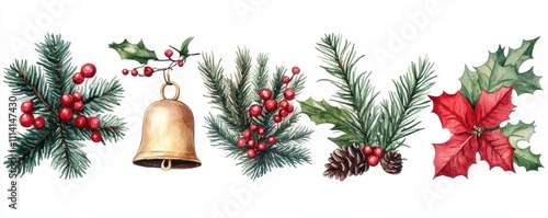 christmas tree decoration holly bell shine ornate party elegance snoflake watercolor happy new year isolated clipart holiday gift box decenber object festive winter pine photo