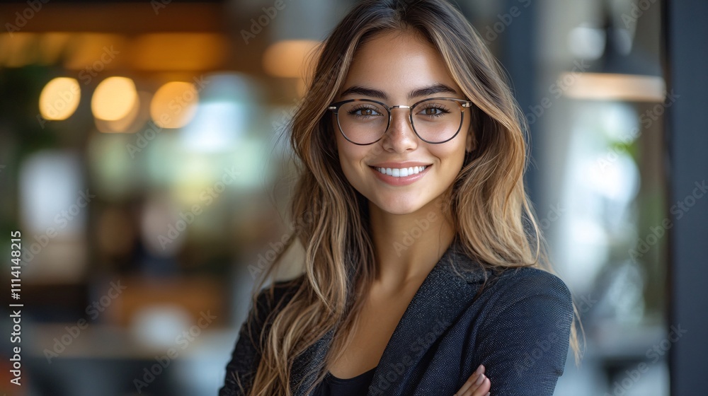 Young Hispanic woman in business attire and glasses, with happy smile and arms crossed, looking at the camera Young Hispanic woman in business attire and glasses, with happy smile and arms crossed, looking at the camera
