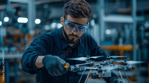 An engineer fine-tunes the droneâs advanced communication antennas while surrounded by precision tools and industrial equipment