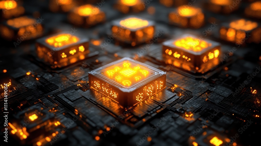 Conceptualized quantum computing chips glowing with energy in a dark, futuristic environment Conceptualized quantum computing chips glowing with energy in a dark, futuristic environment