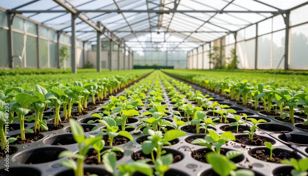 Green seedlings growing in a sunny greenhouse with a perspective view for agricultural concept Green seedlings growing in a sunny greenhouse with a perspective view for agricultural concept
