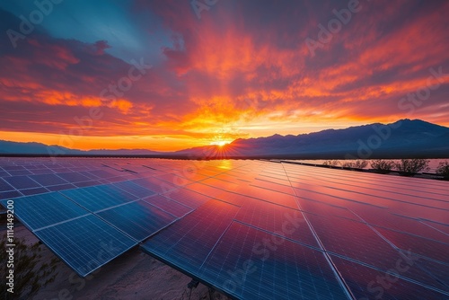 Stunning Sunset Over Solar Panels in Desert Landscape with Vibrant Sky and Mountains in the Background photo