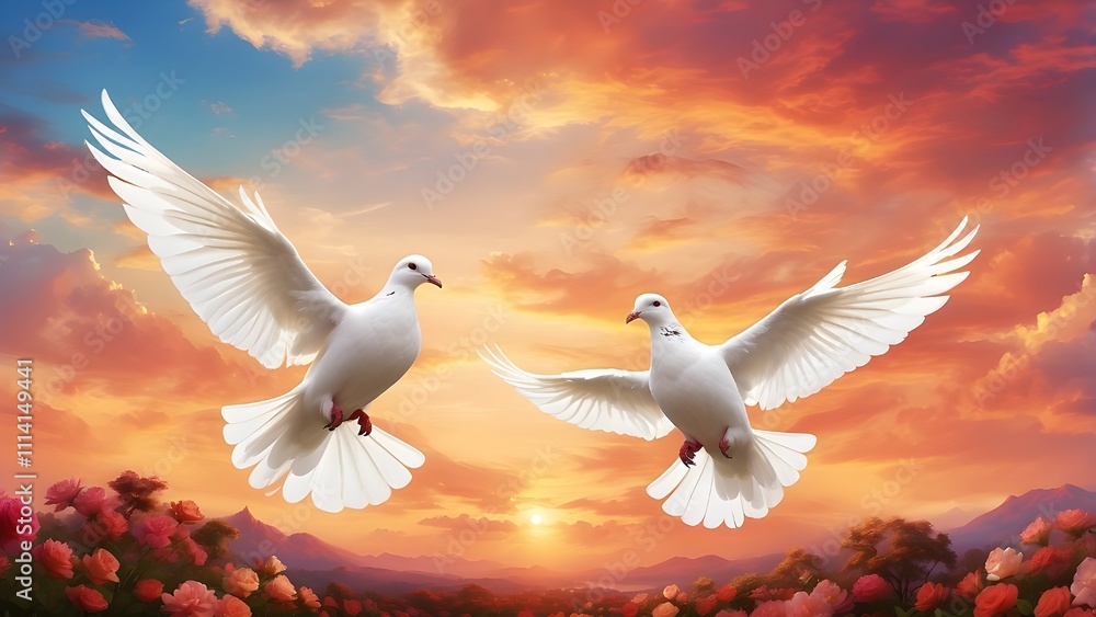 A serene landscape at sunset with two white doves soaring gracefully against a vibrant sky, symbolizing love and freedom. --ar 3:2 -- A serene landscape at sunset with two white doves soaring gracefully against a vibrant sky, symbolizing love and freedom. --ar 3:2 --