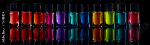 Set of colorful nail polish bottles, isolated on a black background. photo