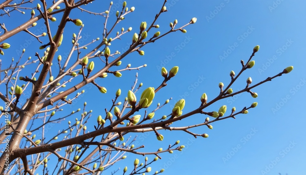 Budding branches against a clear blue sky in spring Budding branches against a clear blue sky in spring
