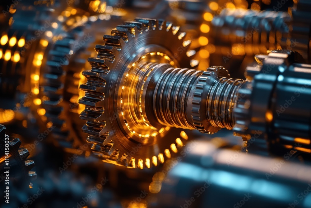 Close-Up of Illuminated Industrial Gears in Motion Showcasing Precision Engineering and Mechanical Innovation Close-Up of Illuminated Industrial Gears in Motion Showcasing Precision Engineering and Mechanical Innovation