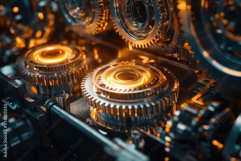 Close-up of Illuminated Gears in Motion Showcasing Intricate Mechanical Engineering and Industrial Precision with Warm Lighting Close-up of Illuminated Gears in Motion Showcasing Intricate Mechanical Engineering and Industrial Precision with Warm Lighting