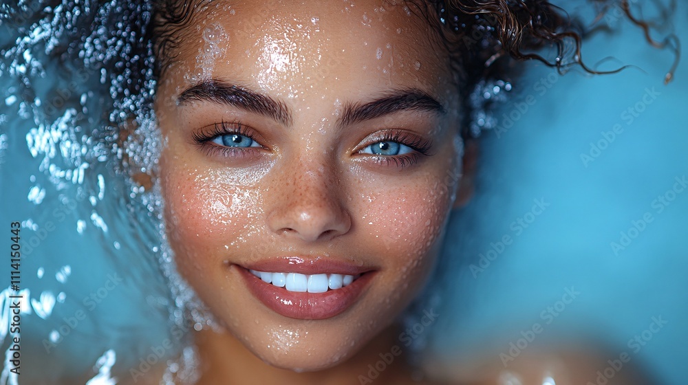 Skincare portrait featuring woman with smile, water splash for cleaning, and blue studio background, showcasing wellness and facial care Skincare portrait featuring woman with smile, water splash for cleaning, and blue studio background, showcasing wellness and facial care