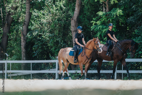 Two riders enjoying a sunny day while horseback riding in a fenced, wooded area. Both riders are wearing helmets and casual attire.