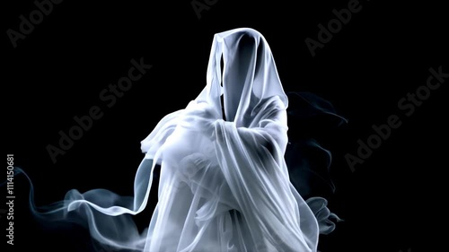 Haunting ghost with realistic fabric details, set against a clean white background for a chilling effect