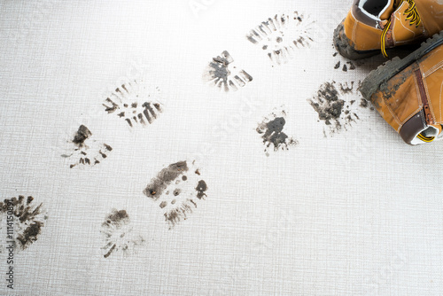 Canvas-taulu Wet muddy footprints on the carpet in the living room