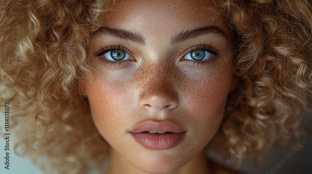 Young woman with short blonde curly hair, posing for beauty and fashion shoot, highlighting cosmetics and makeup Young woman with short blonde curly hair, posing for beauty and fashion shoot, highlighting cosmetics and makeup