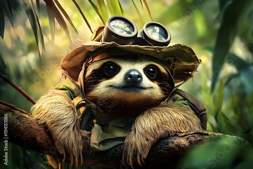 Fototapeta Naklejka Na Ścianę i Meble -  sloth with binoculars exploring safari jungle greenery as a cute adventurer in nature with tropical foliage and trees