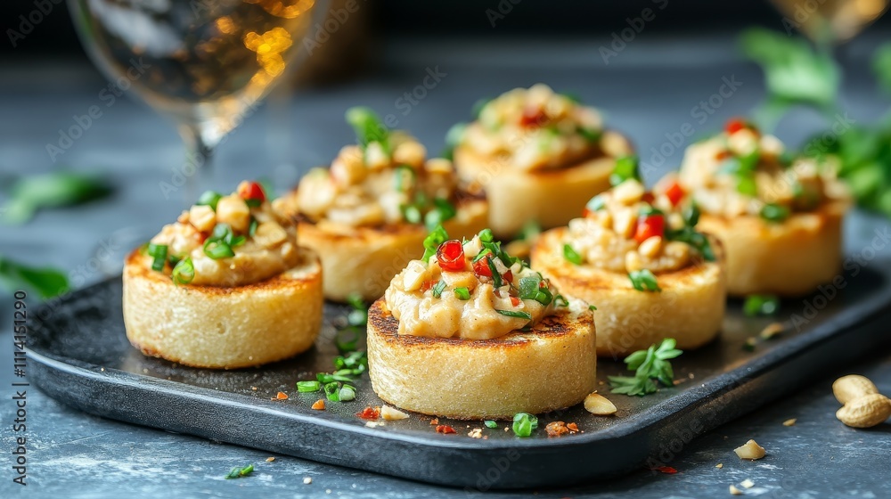 Appetizing Peanut Butter Toast Canapes, Garnished with Fresh Herbs and Spices, on a Slate Platter Appetizing Peanut Butter Toast Canapes, Garnished with Fresh Herbs and Spices, on a Slate Platter