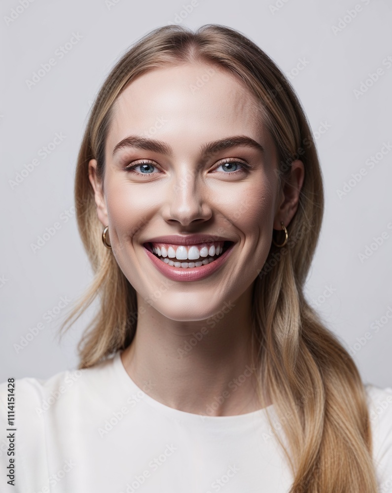 Beautiful White woman smiling happily showing her teeth- teeth model photography Beautiful White woman smiling happily showing her teeth- teeth model photography