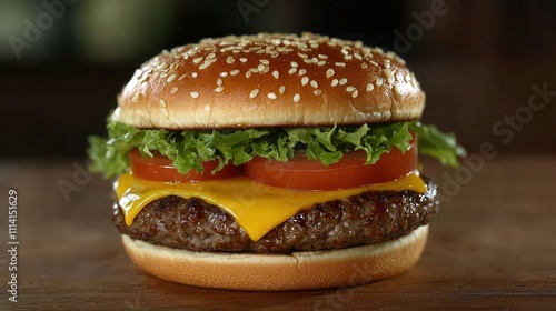 Freshly made hamburger with cheese, lettuce, and tomatoes on a wooden surface in natural light