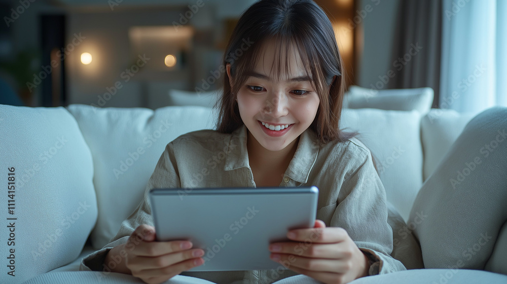 ソファでタブレットを操作する女性 ソファでタブレットを操作する女性