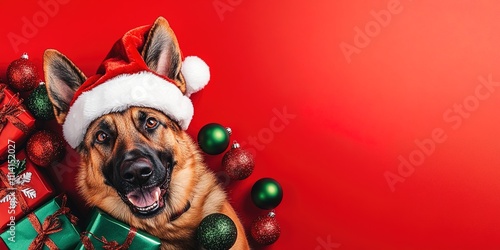 Background Featuring a German Shepherd Wearing a Christmas Hat at a Pet Party Birthday Celebration, Surrounded by Festive Red and Green Gifts Decorated with Ribbons and Christmas Ornaments, Set Agains