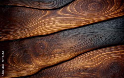 a close-up view of a wooden surface with visible grain patterns and a mix of light and dark brown colors. The wood appears to be smooth and has a glossy finish, with some knots and nat