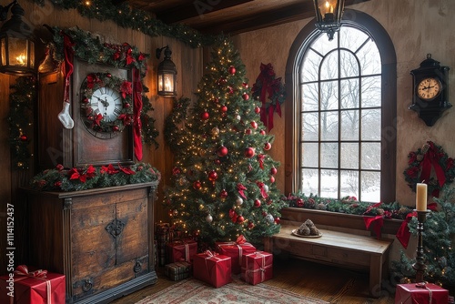 Vintage Christmas backdrop with large tree, red ornaments, wooden chest, grandfather clock, and warm candlelight ambiance.