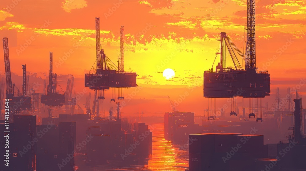 Obraz premium Sunset silhouette of cranes lifting containers, warm hues painting the sky, [shipping yard], [sunset elegance]