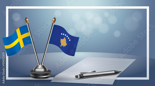 Sweden and Kosovo Small national flag on bokeh background, cooperative relationship