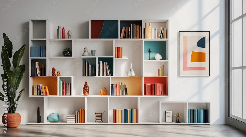 Modern Living Room with Colorful Bookshelf and Abstract Art Modern Living Room with Colorful Bookshelf and Abstract Art