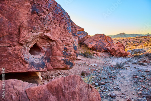 Desert Rock Formation with Erosion Hole in Valley of Fire Eye-Level Perspective photo