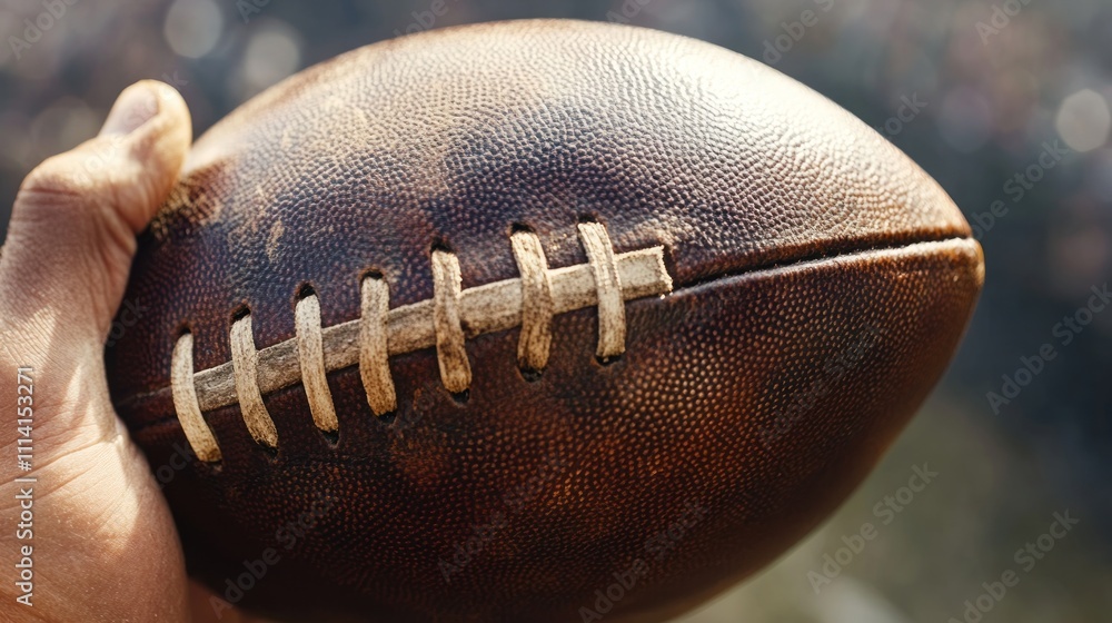 Close-up of a weathered, well-used brown leather American football held in a hand against a blurred stadium background. Close-up of a weathered, well-used brown leather American football held in a hand against a blurred stadium background.