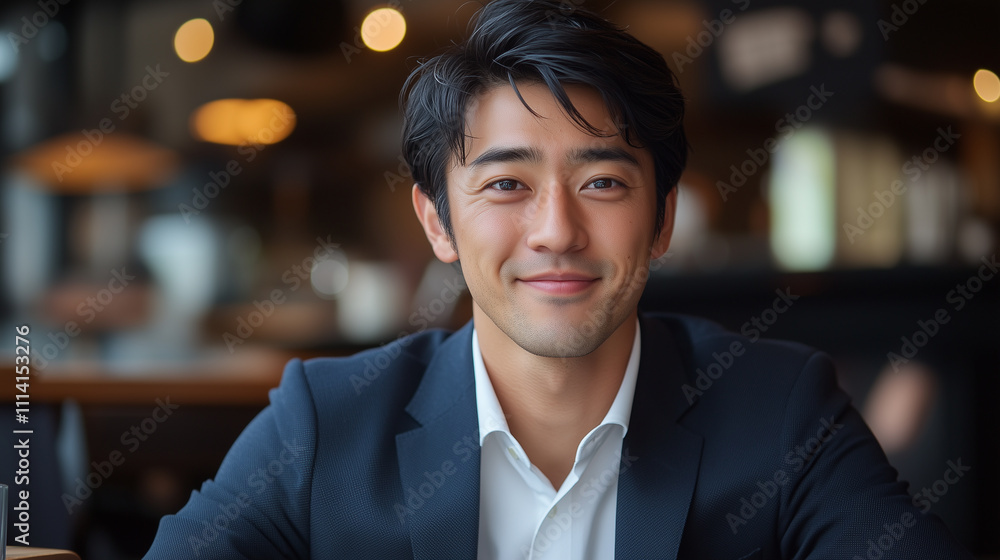 カフェで仕事をするスーツを着た日本人男性 カフェで仕事をするスーツを着た日本人男性