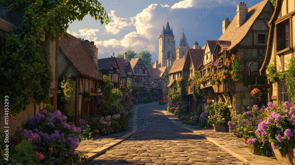 Naklejka premium Charming cobblestone street in a picturesque medieval village, bathed in warm sunlight.