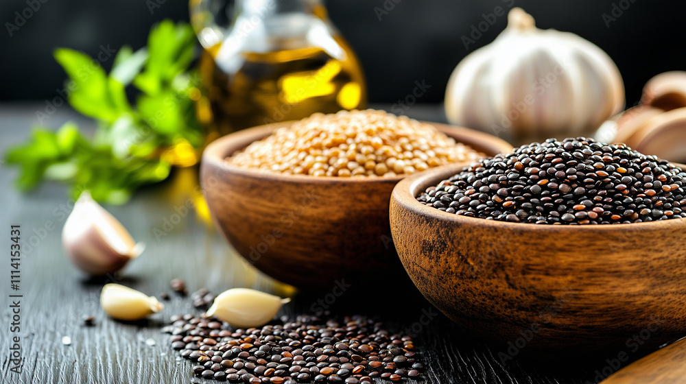 A beautifully styled scene of wooden bowls filled with quinoa and lentils, surrounded by olive oil, garlic, and a pinch of salt for a culinary vibe