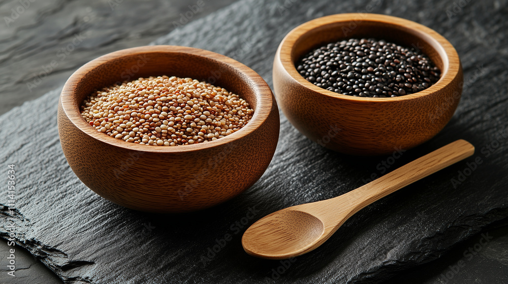 Quinoa and lentils in contrasting shades displayed in rustic wooden bowls, with a wooden spoon resting beside them on a textured slate surface Quinoa and lentils in contrasting shades displayed in rustic wooden bowls, with a wooden spoon resting beside them on a textured slate surface