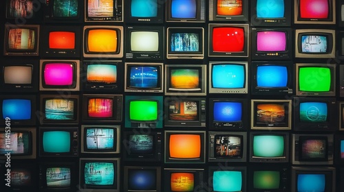 Wall of televisions displaying various colorful broadcasts