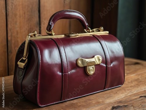 Elegant Maroon Leather Doctor Bag With Gold Accents photo