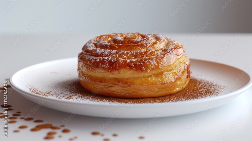 A delicious glazed cinnamon roll on a white plate, garnished with powdered sugar. A delicious glazed cinnamon roll on a white plate, garnished with powdered sugar.
